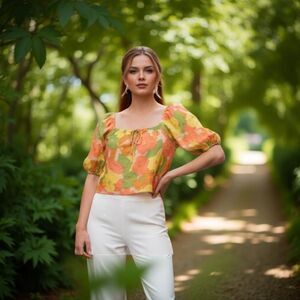 SANCTUARY ANTHRO yellow green floral off shoulder cropped top blouse size small